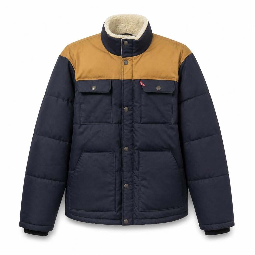 Levi's Sherpa Collar Quilted Puffer Jacket Men's XXL Navy Tan Two Tone Woodsman